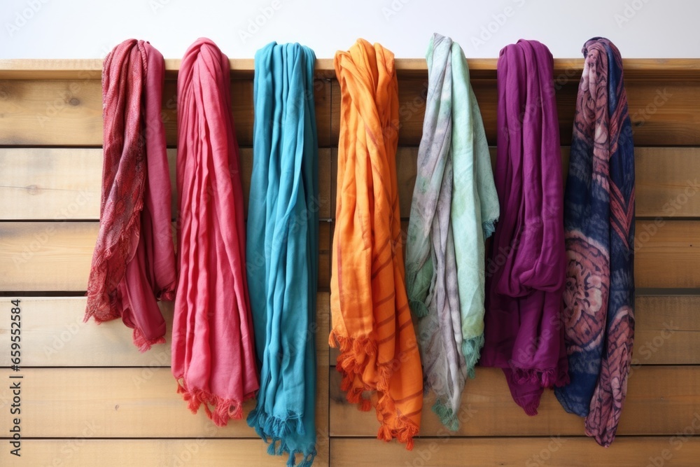 multiple colourful scarves arranged on a light wooden surface