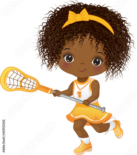 Vector Cute Little African American Girl Playing Lacrosse