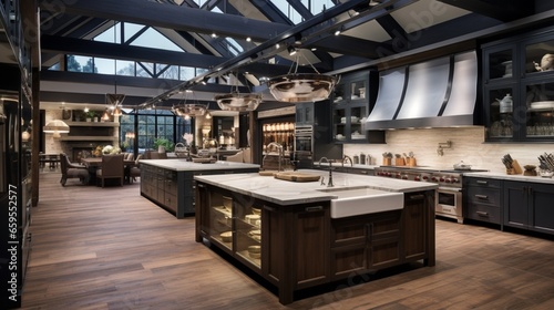 A chef's dream kitchen featuring a central prep island and multiple cooking stations. photo