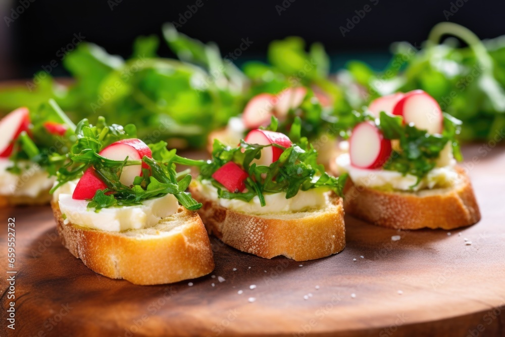 a close-up shot of bruschetta with arugula and red radish slices a close-up shot of bruschetta with arugula and red radish slices