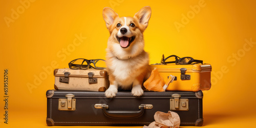 Adorable corgi sits atop suitcases, ready for adventure against a vibrant orange backdrop.