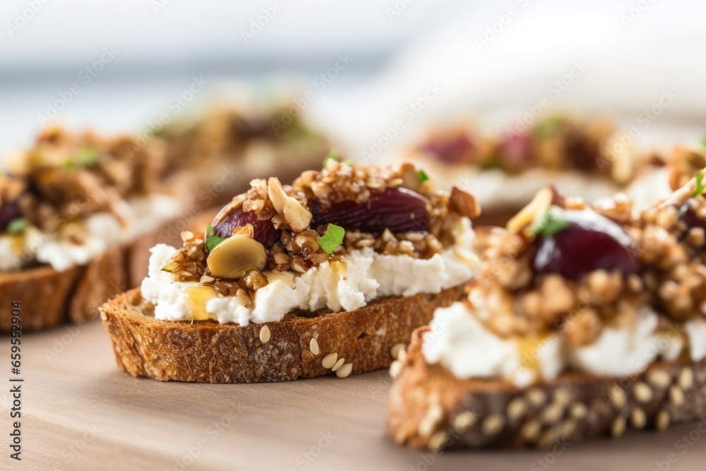 close-up of multi-grain bruschetta with ricotta and fig slices close-up of multi-grain bruschetta with ricotta and fig slices