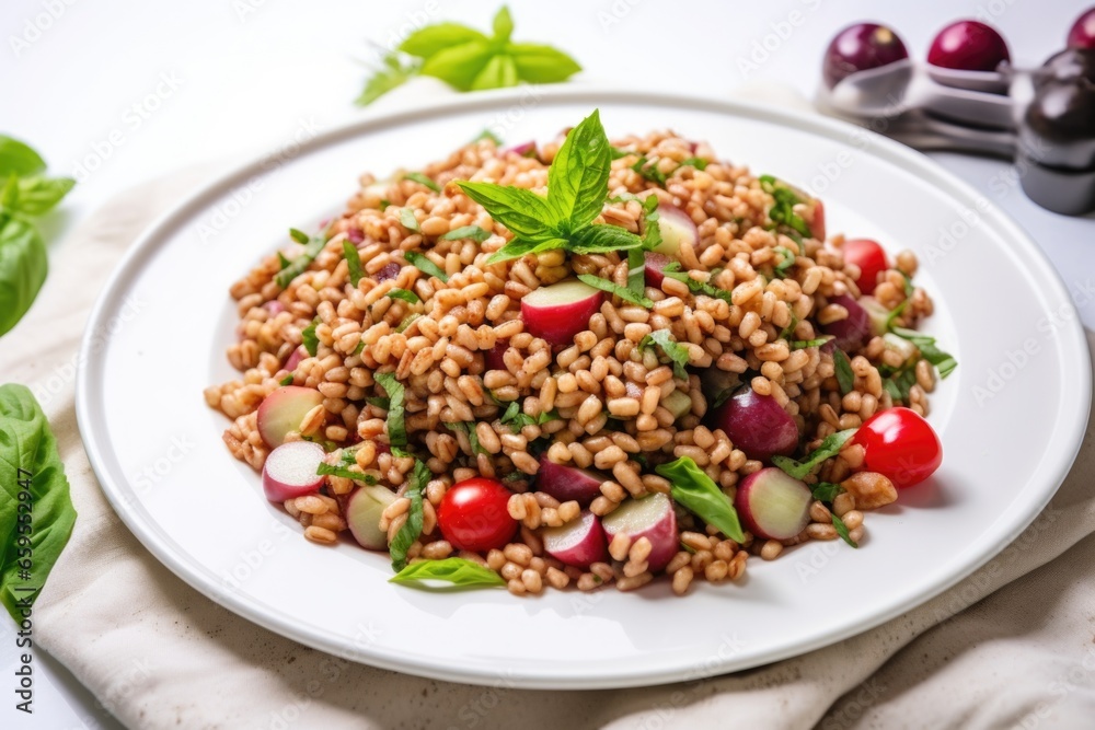 farro salad on a white plate with natural light farro salad on a white plate with natural light