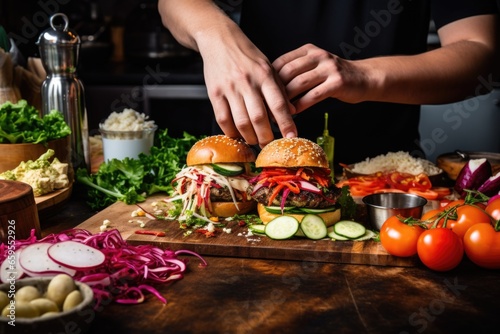 hand preparing a gourmet burger with various toppings