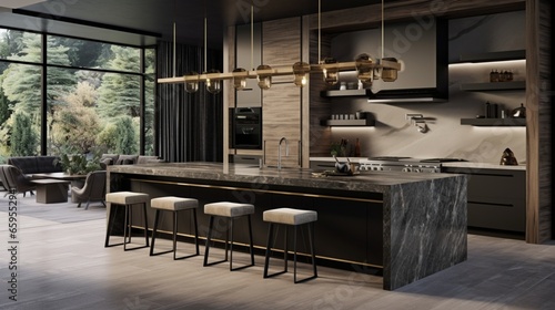 A contemporary kitchen boasting a sleek waterfall edge island and pendant lights.