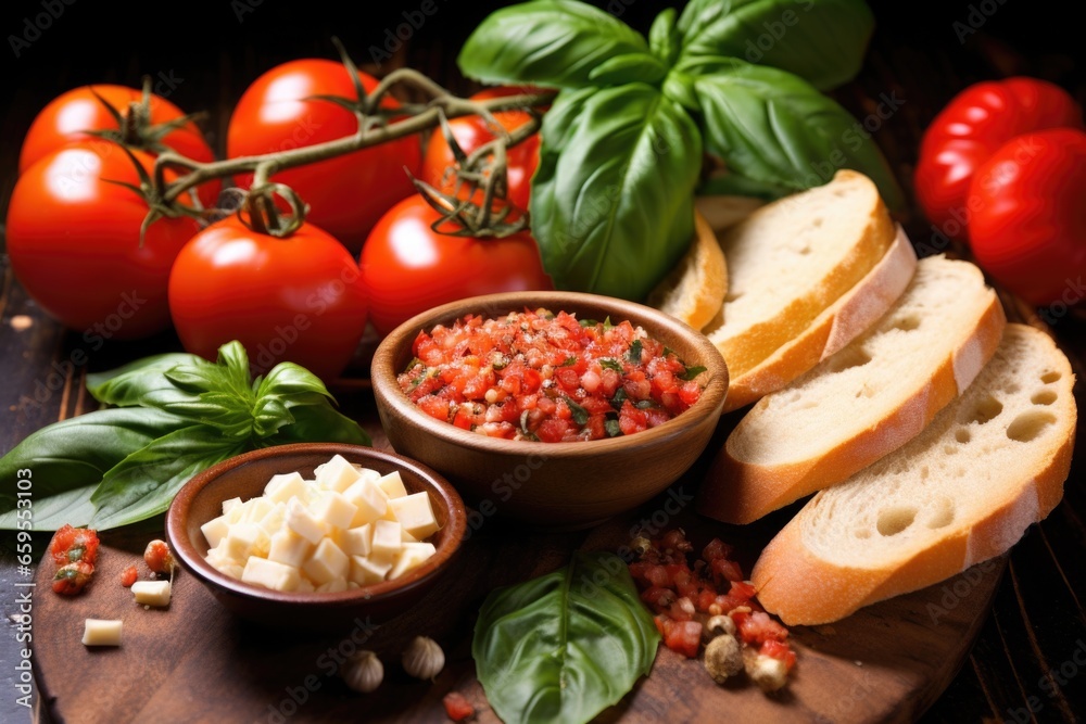 basil leaves, garlic cloves, and tomatoes surrounding a slice of bruschetta basil leaves, garlic cloves, and tomatoes surrounding a slice of bruschetta