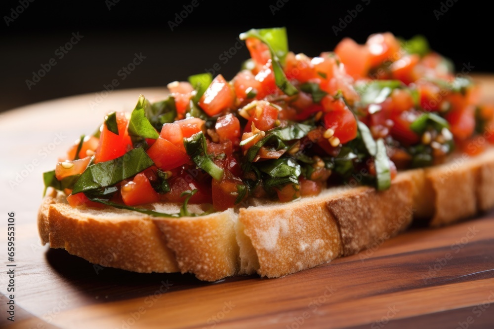 a single piece of bruschetta artfully loaded with basil and diced tomatoes a single piece of bruschetta artfully loaded with basil and diced tomatoes