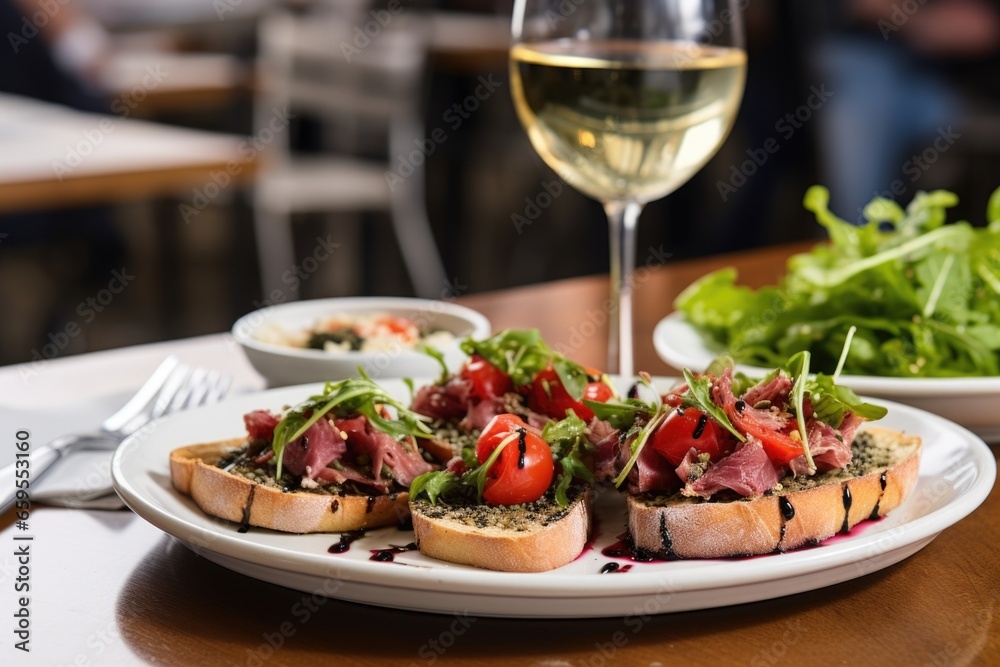 table view of tuna bruschetta with fresh salad around table view of tuna bruschetta with fresh salad around