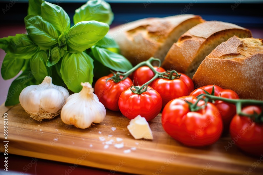 close-up of tomatoes, basil, garlic, and bread on wooden board close-up of tomatoes, basil, garlic, and bread on wooden board