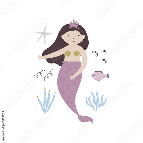 Vector illustration, frame art with a beautiful mermaid character