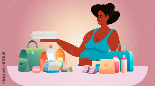 happy pregnant woman future mom choosing cosmetics for baby pregnancy motherhood expectation concept