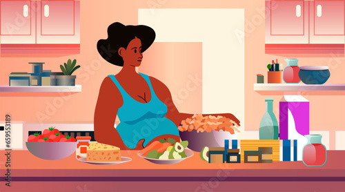 happy pregnant woman future mom cooking at home pregnancy motherhood expectation concept modern kitchen interior
