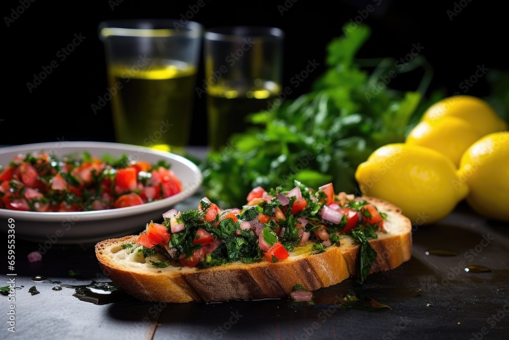 bruschetta with lemon zest, fresh herbs on the side, stark backdrop