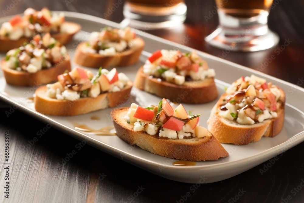 bruschetta topped with apple and gorgonzola on a ceramic dish with silver serving tongs bruschetta topped with apple and gorgonzola on a ceramic dish with silver serving tongs