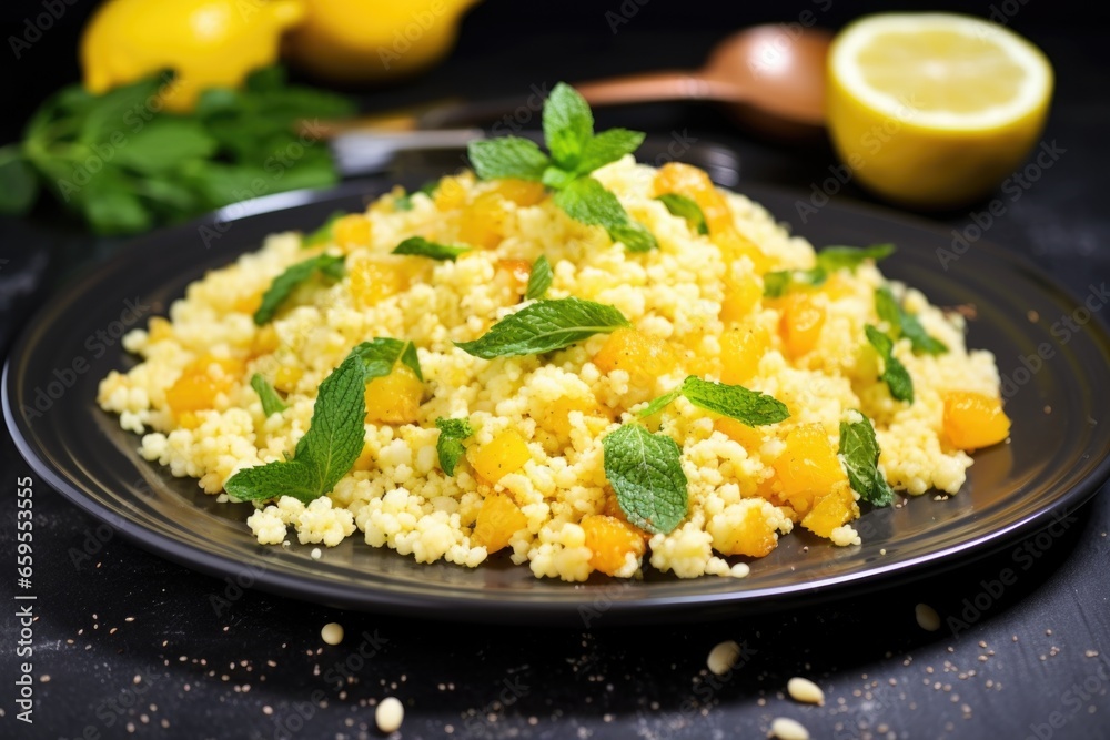 couscous salad with lemon wedges on a rectangular ceramic plate couscous salad with lemon wedges on a rectangular ceramic plate