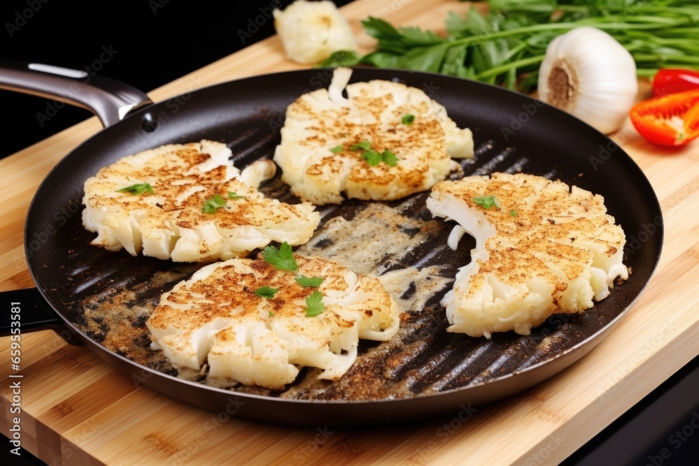 cauliflower steaks on stovetop with wooden spatula cauliflower steaks on stovetop with wooden spatula