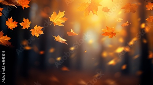 Realistic falling leaves. Autumn forest maple leaf in september season, flying orange foliage from tree on ground background