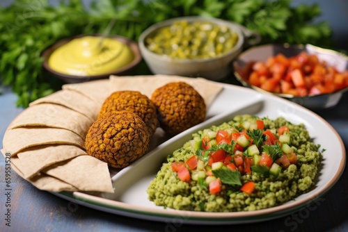 a platter with a falafel bowl beside a side dish of tabbouleh