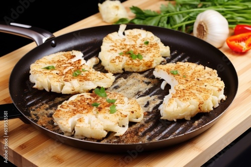 cauliflower steaks on stovetop with wooden spatula