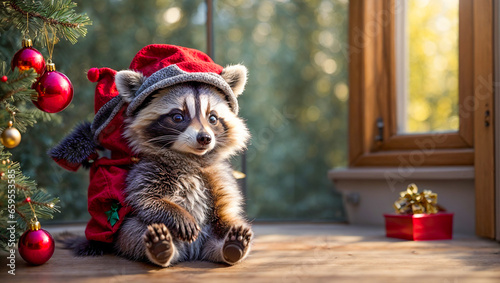 Cartoon raccoon with santa hat © tanya78