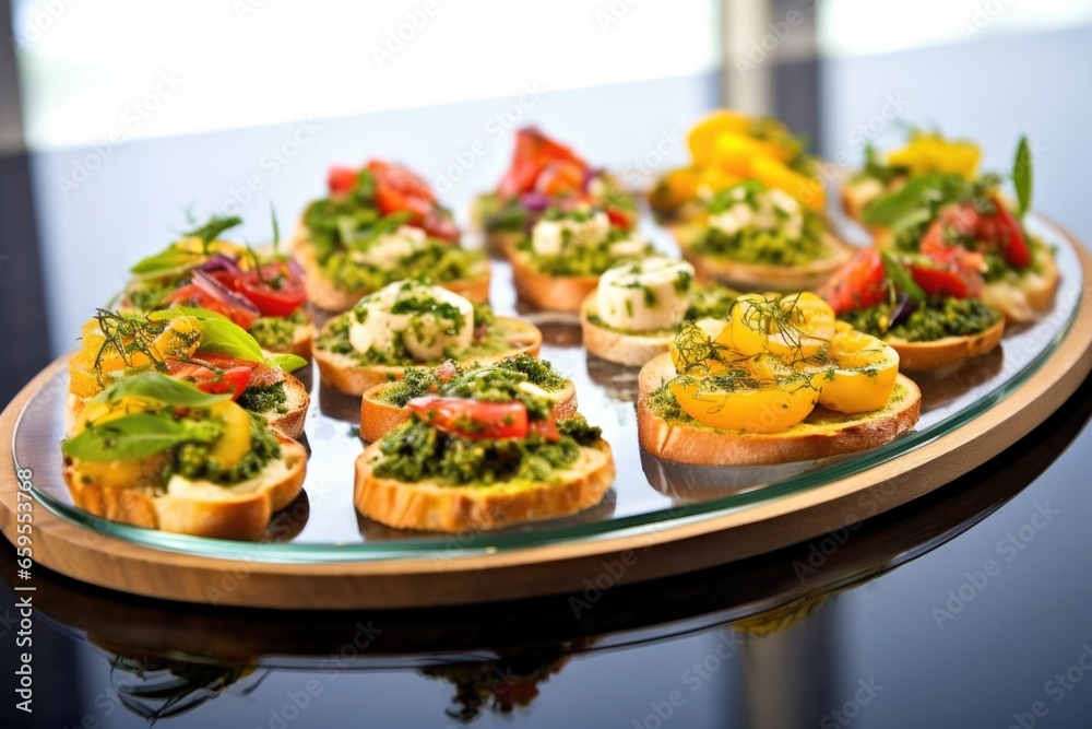 a selection of fresh herb bruschetta served on a clear glass platter a selection of fresh herb bruschetta served on a clear glass platter