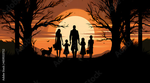 family silhouettes at the end of the forest on halloween full moon photo