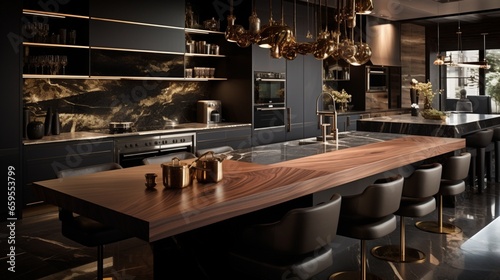 A designer s kitchen with a fusion of dark wood elements and metallic embellishments.