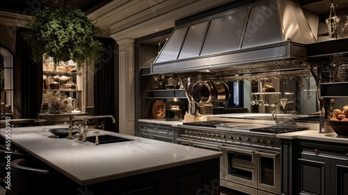 A gourmet kitchen with a bespoke range hood and seamlessly integrated lighting.