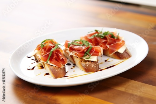 two prosciutto bruschetta pieces on a rectangular white plate