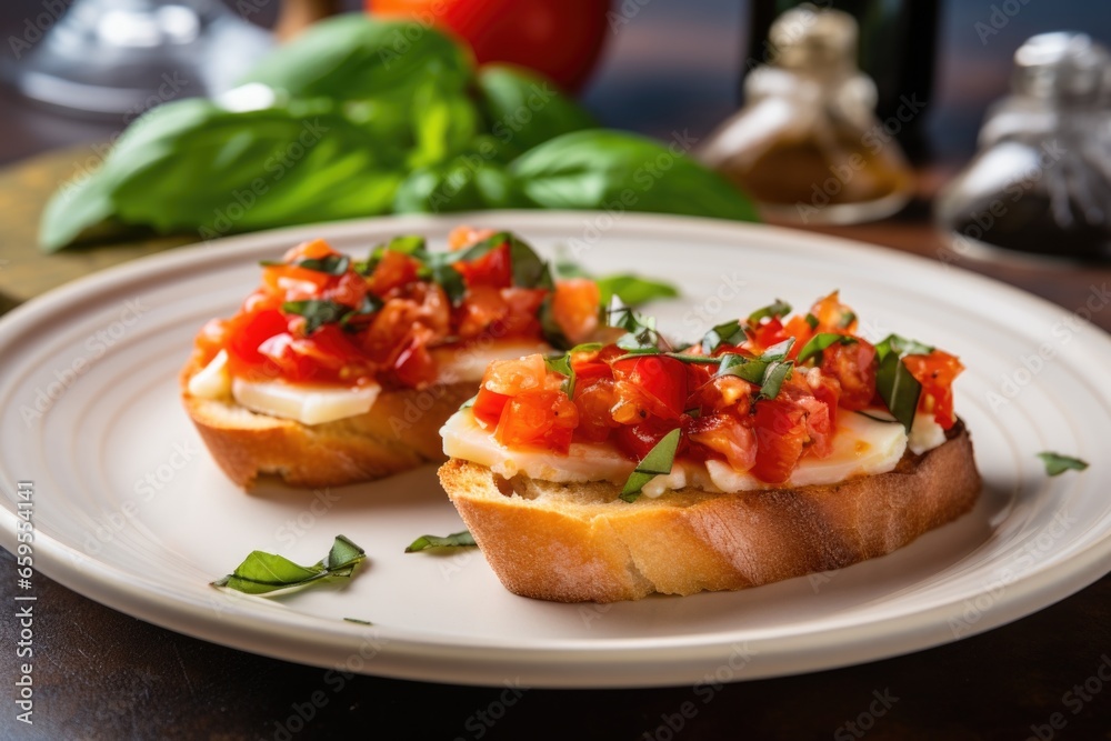bruschetta with smoked gouda and fresh basil leaves on plate bruschetta with smoked gouda and fresh basil leaves on plate