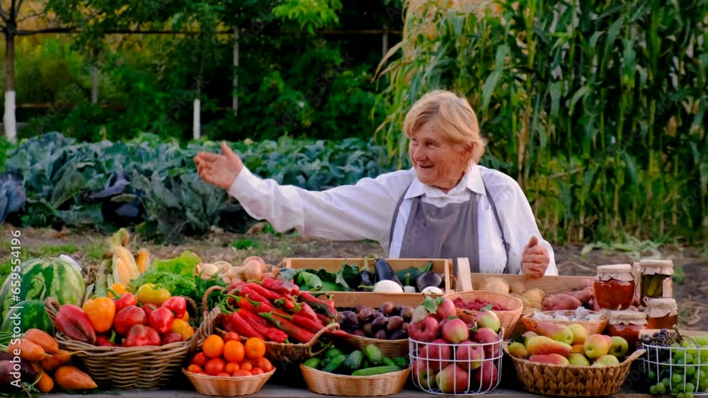 Vídeo do Stock: old woman farmer sells vegetables and fruits at the ...