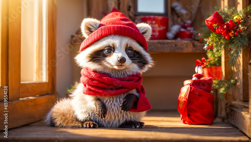 Cartoon raccoon with santa hat