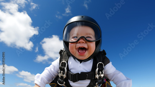 A baby skydiving in the sky. The baby should be wearing a small skydiving suit with a helmet and goggles. The sky should have fluffy white clouds and a bright blue background. The baby should have a j © Alin