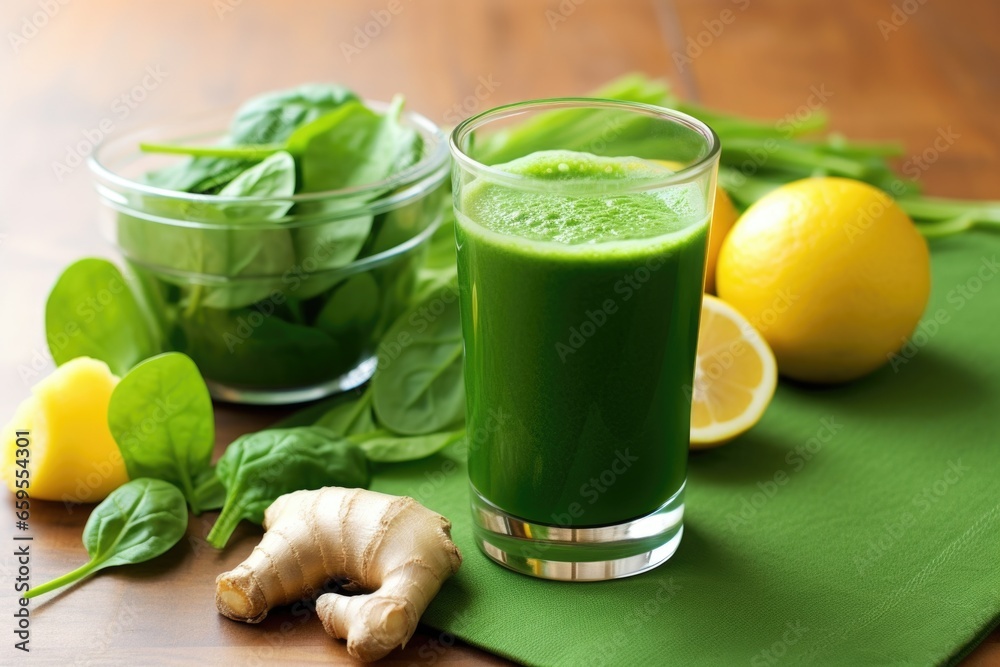 Fototapeta premium green juice in a clear glass next to assorted green fruits