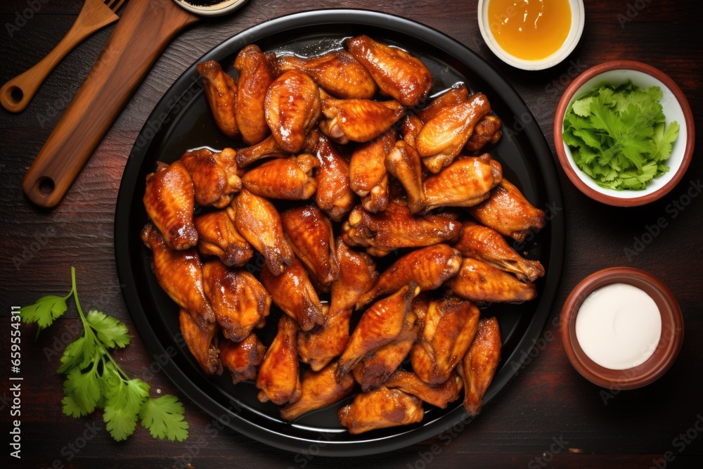 flat lay of chicken wings marinated in tangy sauce flat lay of chicken wings marinated in tangy sauce