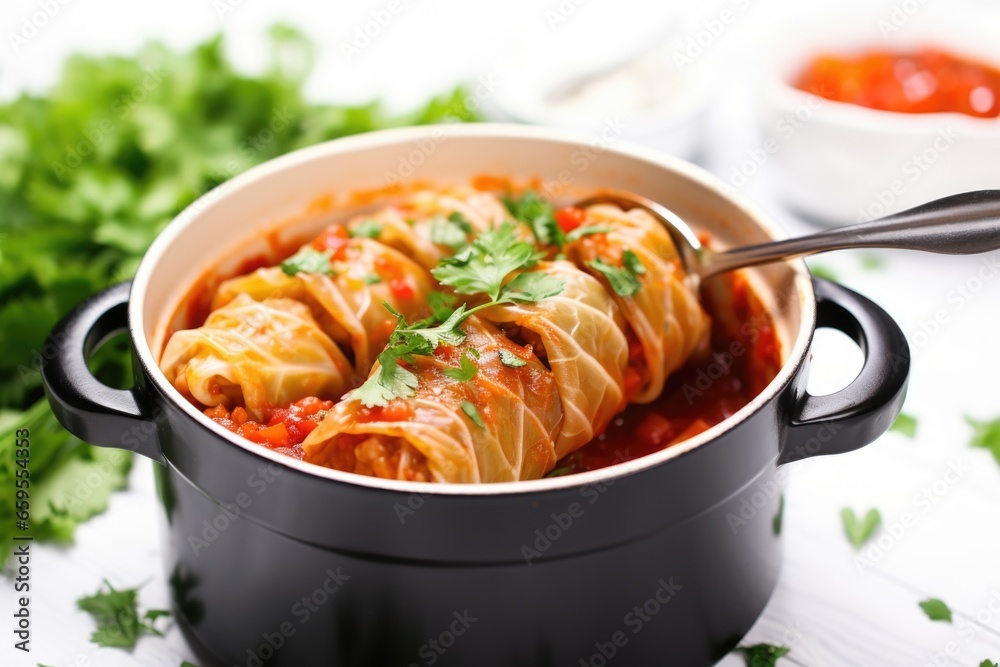 cabbage roll in a mini casserole dish with serving tongs - obrazy, fototapety, plakaty 