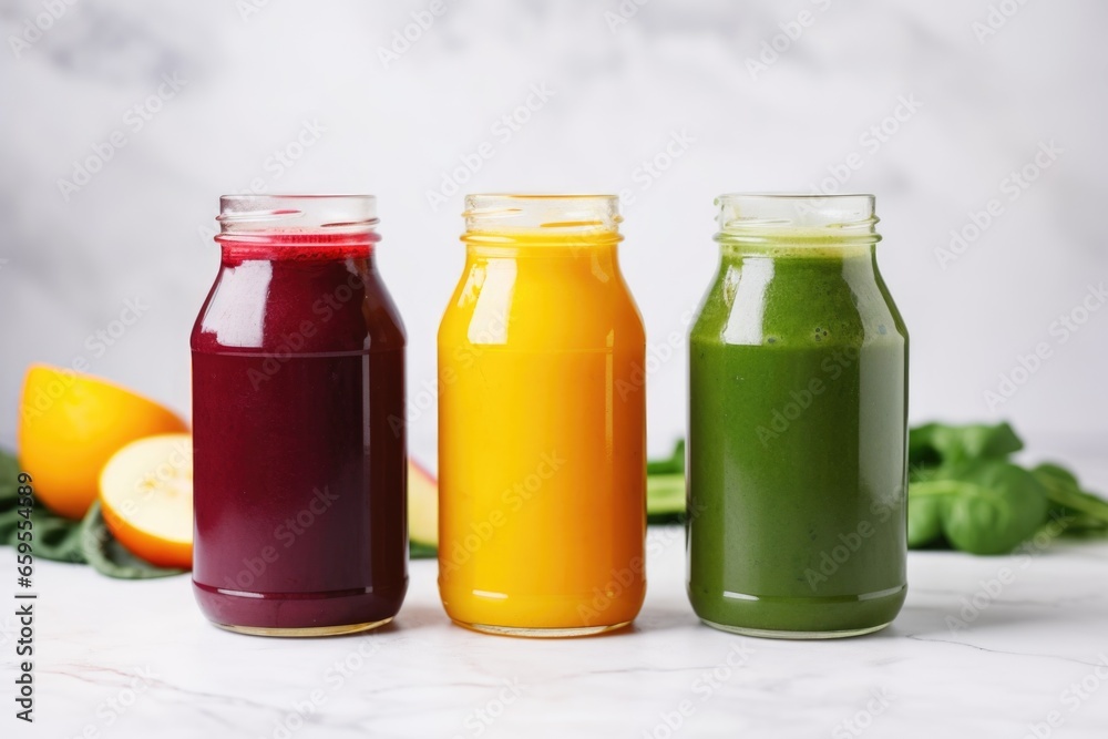 three distinctive cold pressed juices standing tall on marble surface three distinctive cold pressed juices standing tall on marble surface