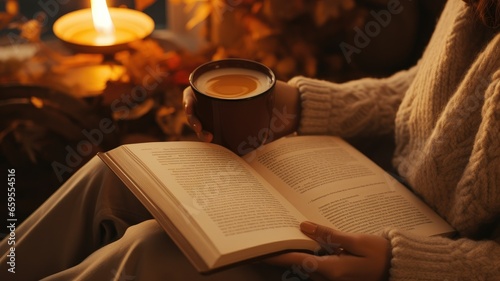 the brown knitted wool sweater while enjoying a typical autumn activity, sipping a warm beverage or reading a book by the fireplace, the tactile comfort of the sweater.