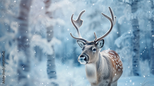Portrait of reindeer in winter forest. Christmas background. Deer in the forest. Wild animal in nature.