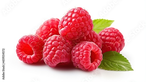  a pile of raspberries with leaves on a white background. generative ai