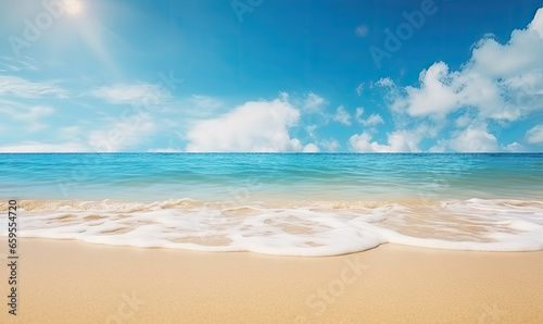 Serene beach landscape with glistening sand  gentle ocean waves.
