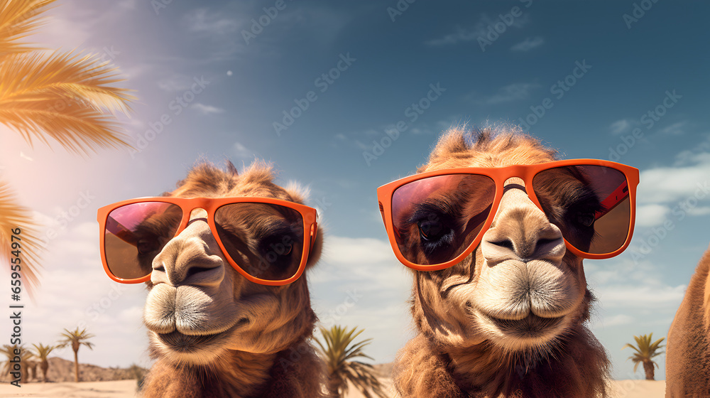 Two Camels Wearing Sunglasses in the Desert Island