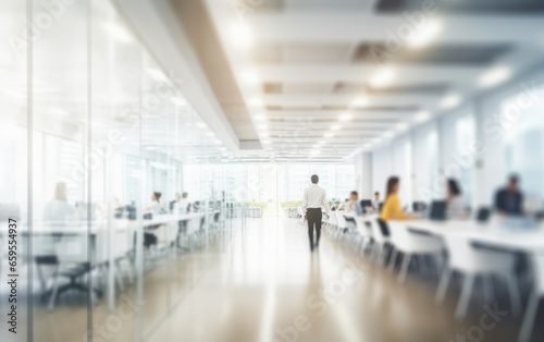 Abstract White blurred interior modern office space with business people working banner background with copy space