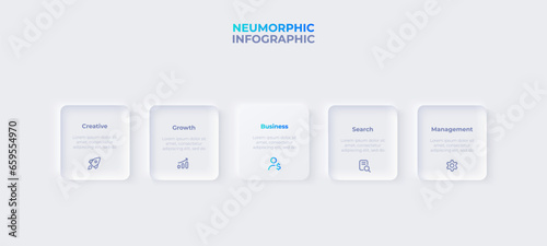 Light neumorphism horizontal progress diagram with 5 square elements. Infographic design template