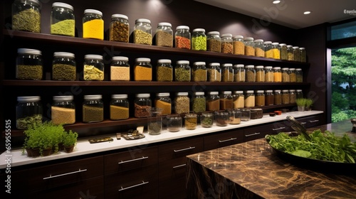 A chef's kitchen with a personalized spice organization system and an integrated herb garden.