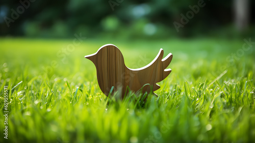 Wooden bird on green grass background. Concept of peace and love photo