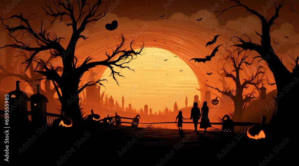 family silhouettes at the end of the forest on halloween full moon