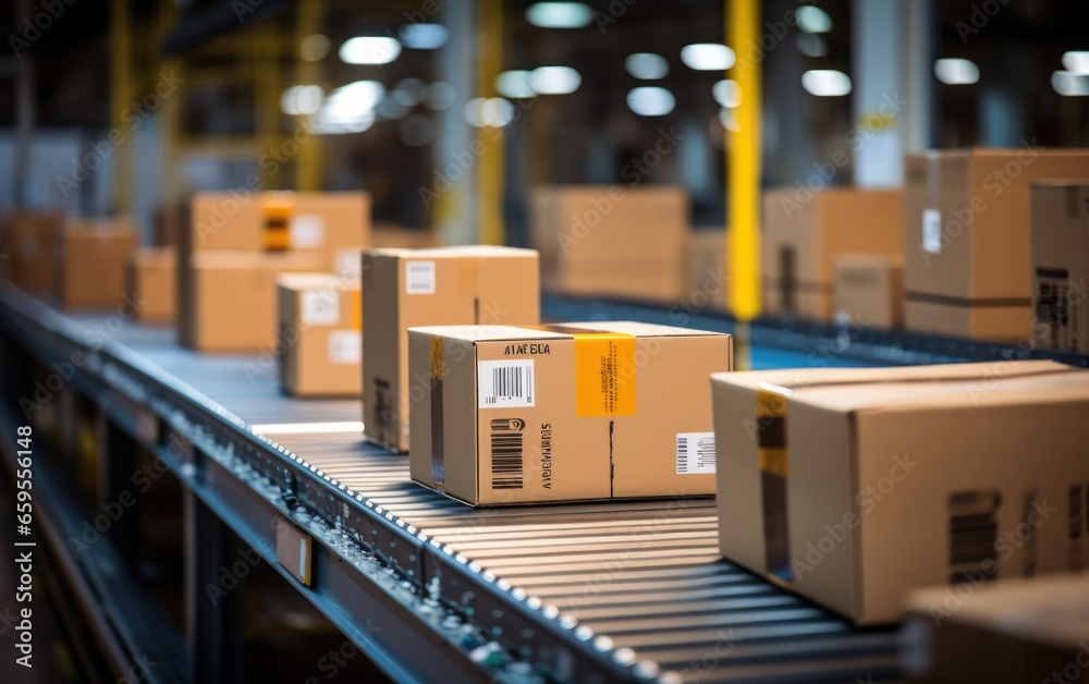 Fototapeta premium Closeup of multiple cardboard box packages seamlessly moving along a conveyor