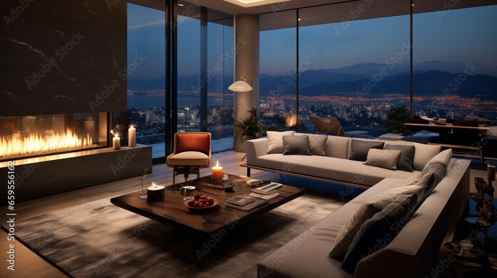 A fashionable living space with a dual-sided fireplace and captivating city vistas.