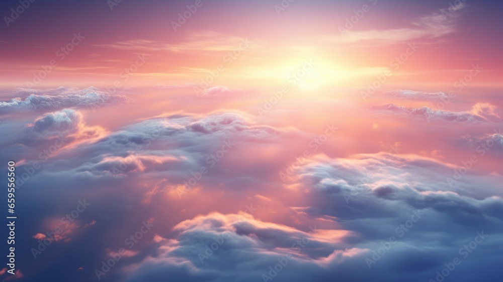 Beautiful sunset sky above clouds with breathtaking light. Generative AI image
